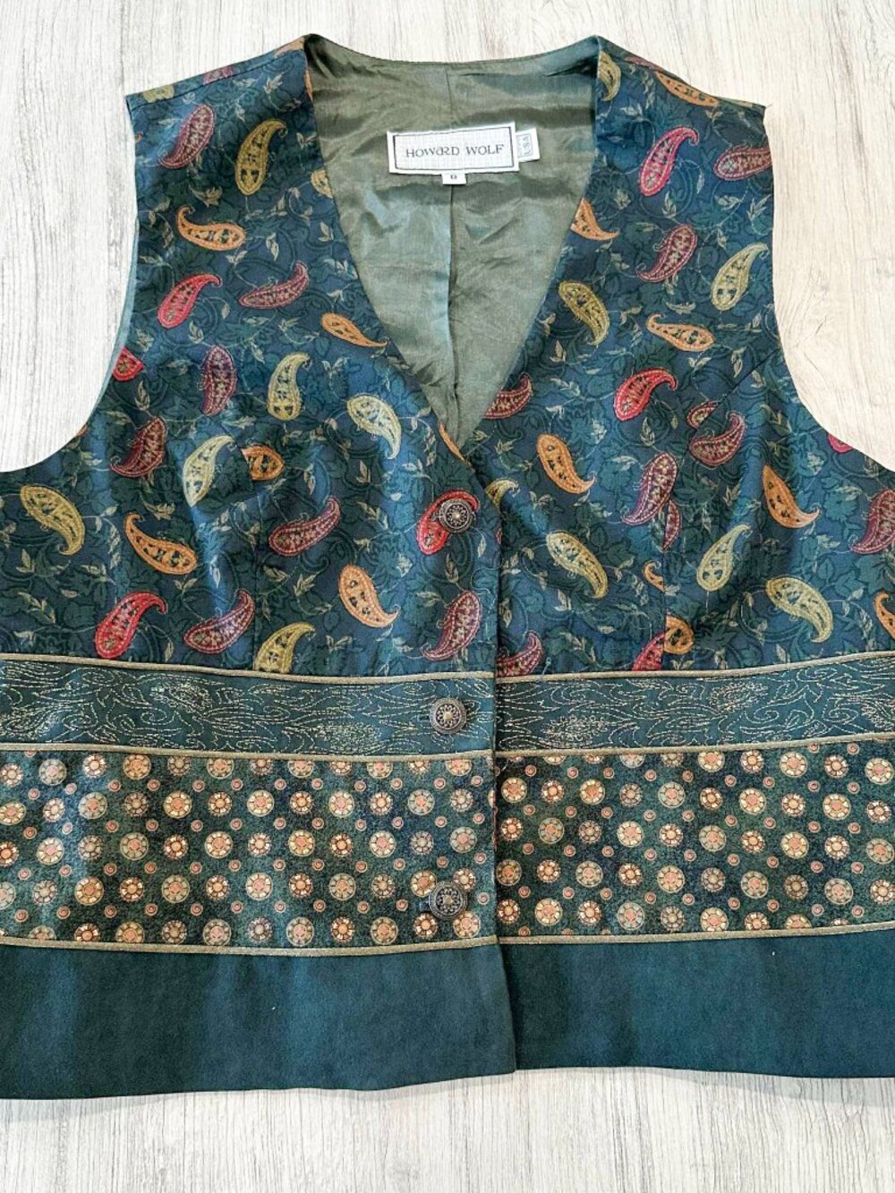 Vintage Paisley Howard Wolf Dark Hunter Green Button Vest with Pockets Size 8